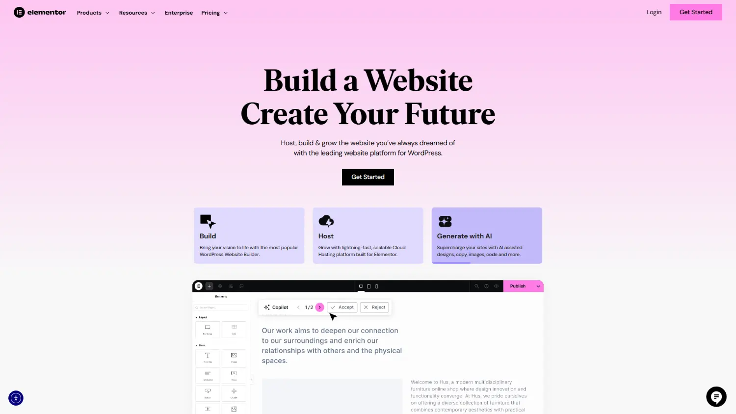 A screenshot of the Elementor home page from 2025.