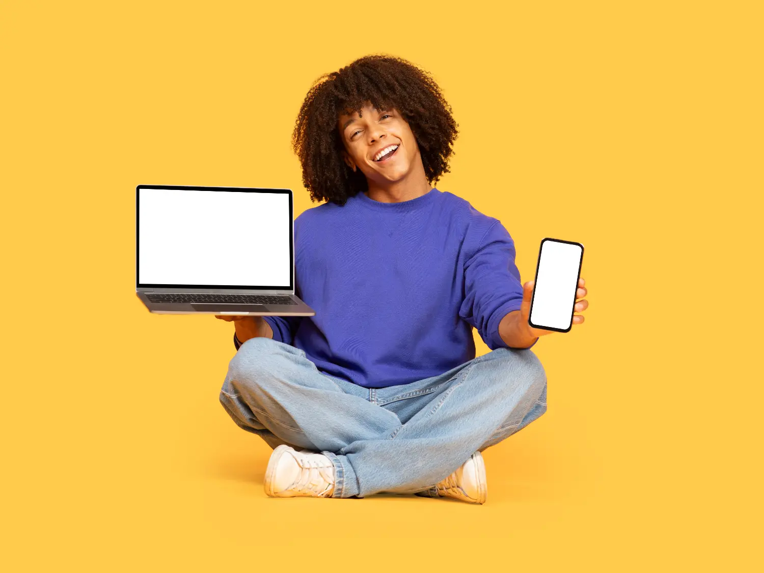 A laptop is shown as a device with a landscape oriented screen. A smart phone is shown as a device with a portrait oriented screen.